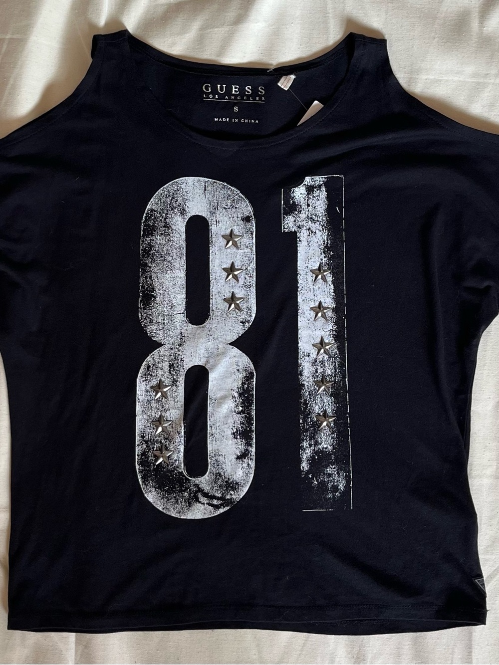 GUESS Black Tank Top with Distressed White '81' and Star Studs